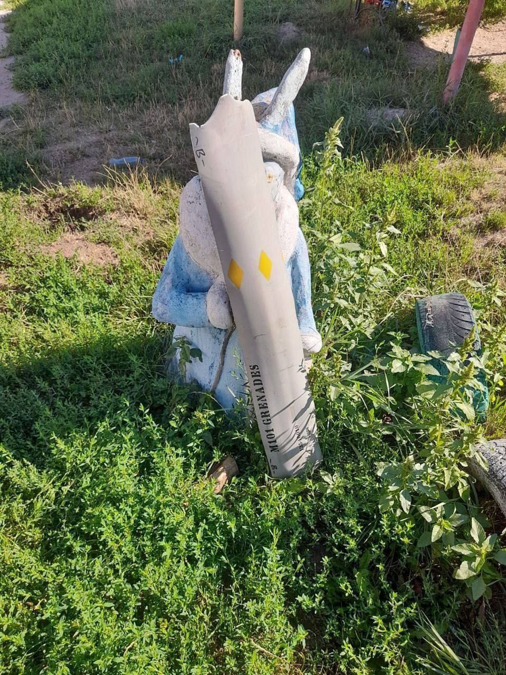 The photo presumably shows a fragment of a HIMARS-launched missile that was used to attack a Russian military convoy in the Kursk Region.