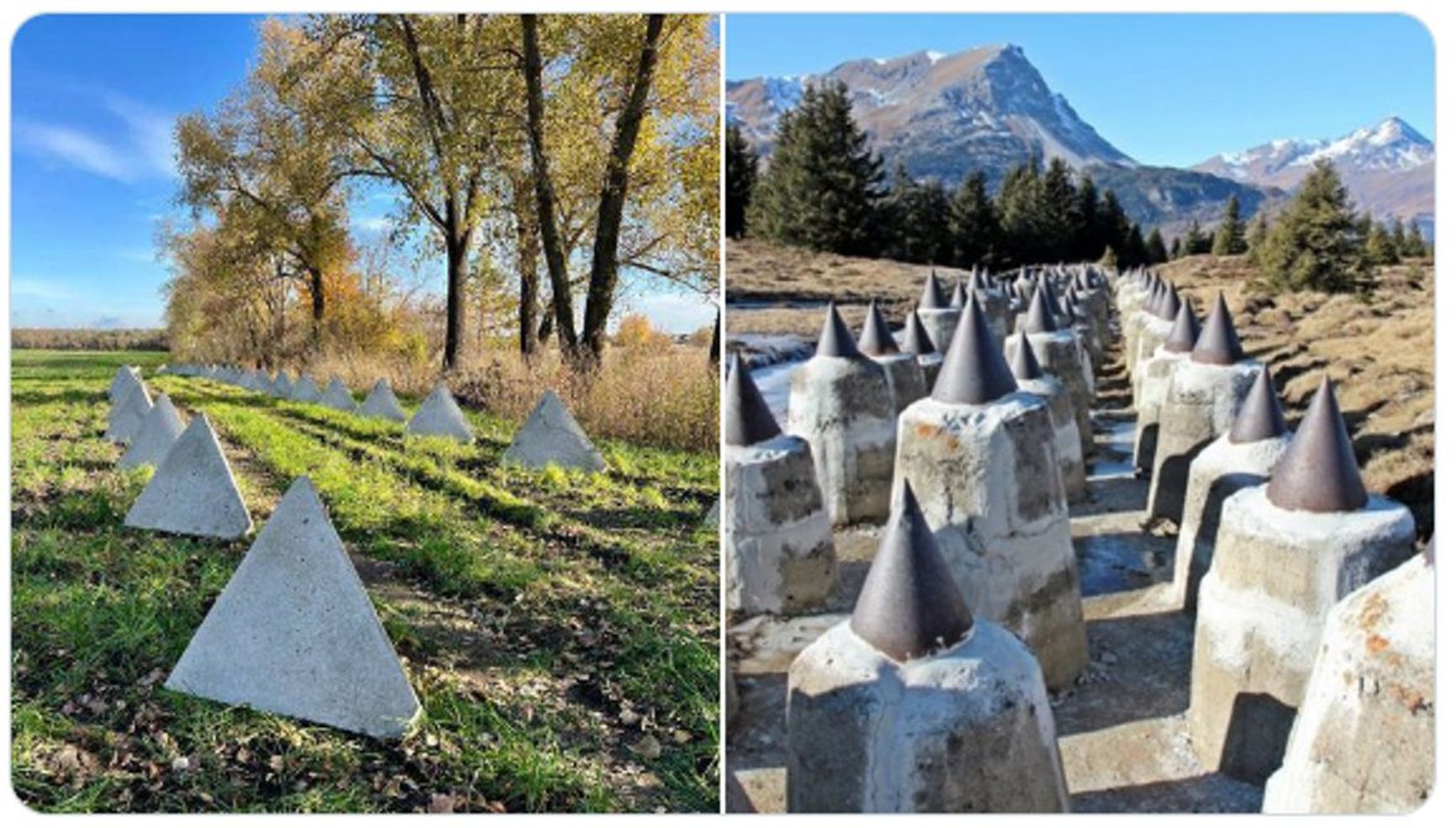 A picture meme from social media: “On the left are Russian anti-tank barriers. On the right are real anti-tank barriers.”  